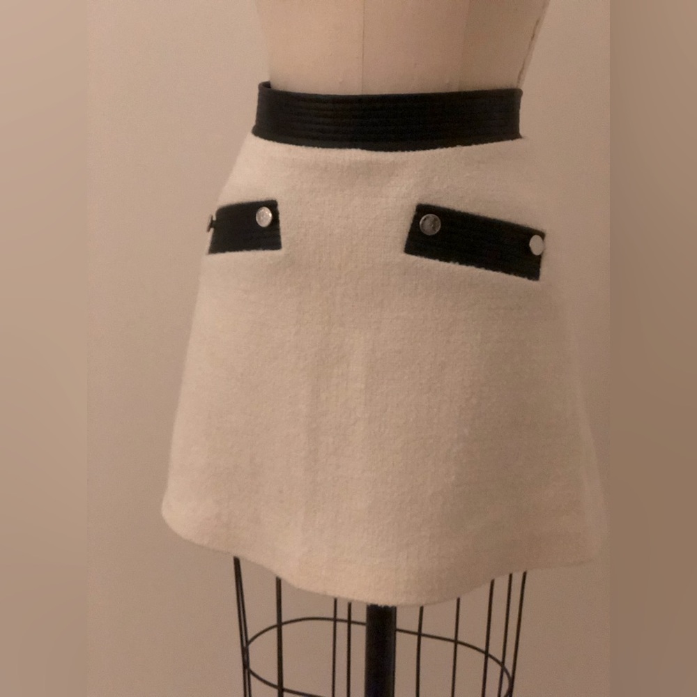 Maje Paris Cream Boucle A-Line Mini Skirt with Black leather detail